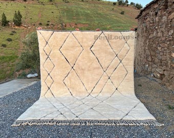 Hand-Knotted Beni Mrirt Rug: White Moroccan Wool Rug with Black Stripes