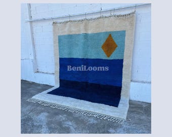 Handmade moroccan rug blue - Custom Abstract Beni ourain Wool Carpet - Mrirt rug