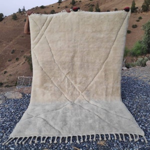 Handcrafted White Moroccan Mrirt Rug with Buried Lines - Custom Beniourain Style Berber Carpet