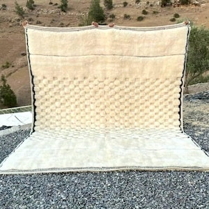 Custom White Mrirt Rug – Handmade Wool Beni ourain Rug, Fluffy Berber Area Rug, Moroccan Check Design