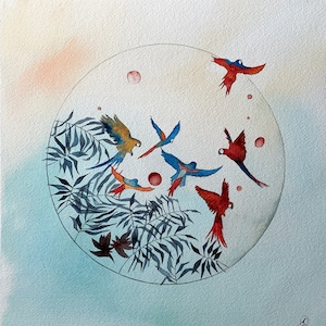 Origineel aquarelschilderij &quot;Kleurrijke vlucht, de bel&quot;