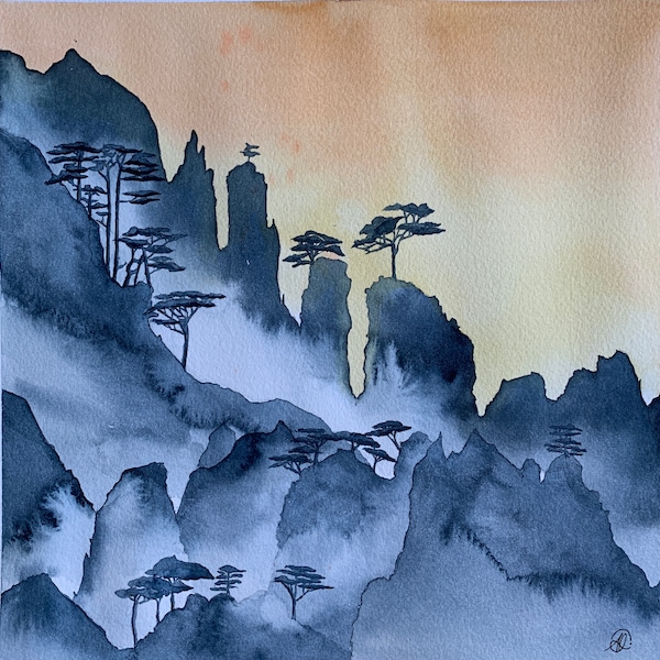 Peinture originale à l’aquarelle montagnes asie