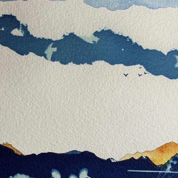 Peinture Aquarelle et Cyanotype Oeuvre Originale "Montagnes bleues"