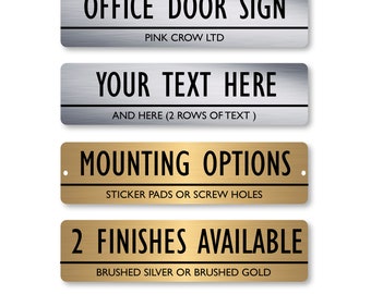 Personalised Metal Door Sign Office Home Business Any Text Chic Colour Plaque Brushed Silver or Gold