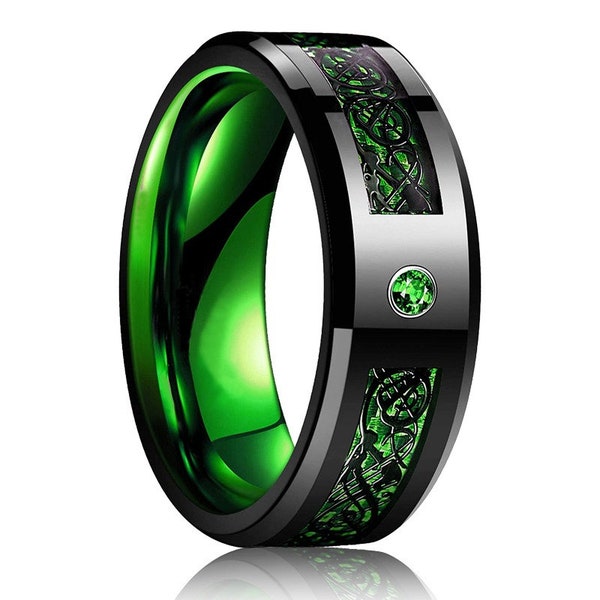 2023 Fashion Black Tungsten Wedding Celtic Dragon Rings For Men Inlaid Green Zircon Punk Men Stainless Steel Green Carbon Fibre Ring