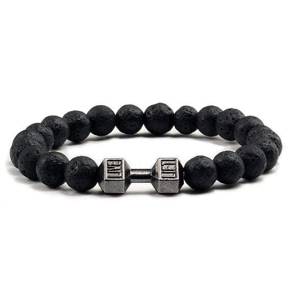 Natural Black Volcanic Lava Stone Dumbbell Bracelet Black Matte