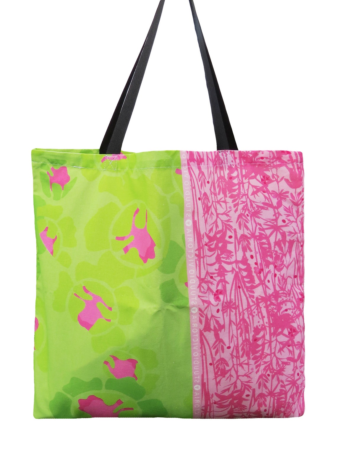 Green and Pink Floral Print Cotton Tote Bag Etsy