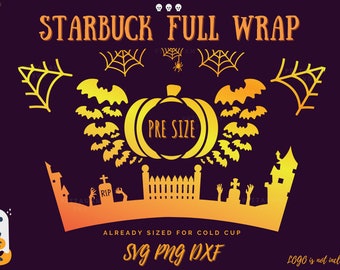 Estampado de Halloween de envoltura completa sin costuras para Starbucks, Tema de Halloween Starbucks Venti Cold Cup SVG para Cricut, Calabaza, Murciélago, Castillo, Mano de terror