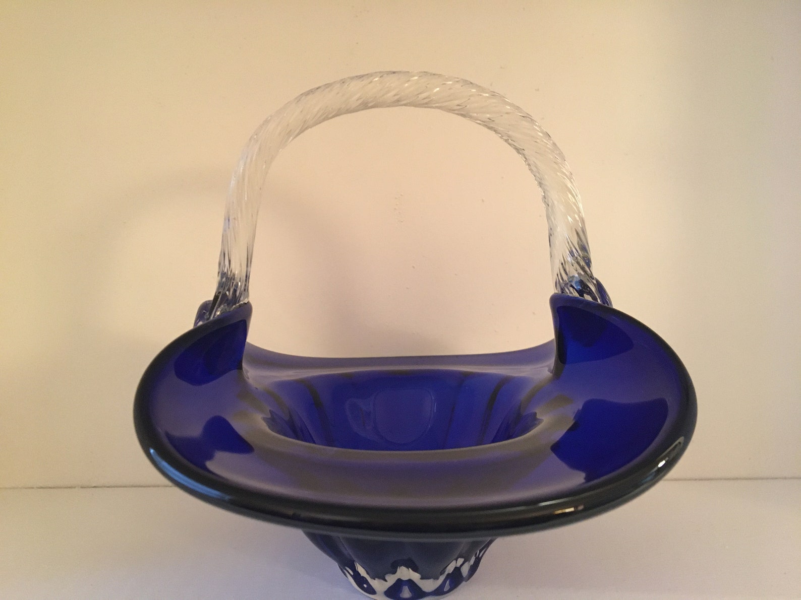 Vintage Cobalt Blue Art Glass Basket Etsy