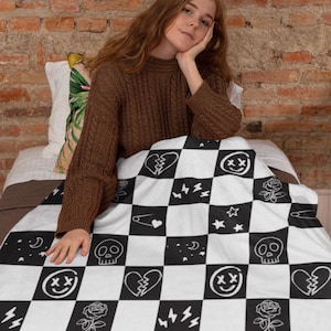 Punk Doodle Checkerboard Blanket | Pop Punk Throw | Emo Room Decor | Cozy Grunge Aesthetic