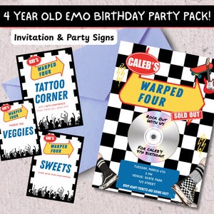 Könnte beinhalten: Ein Party-Paket für den Emo-Geburtstag eines 4-jährigen Kindes, mit Einladungen und Party-Schildern. Die Schilder enthalten "Tattoo Corner", "Pierce the Veggies" und "Sweets". Die Einladung hat einen karierten Hintergrund und eine CD-Grafik.
