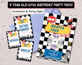 WARPED VIER Sjablonen voor verjaardagsfeestjes voor 4 jaar | Uitnodiging 4e verjaardag emo, borden, banners bewerkbaar afdrukbaar | alt vibes geruit punkpatroon