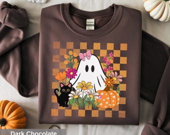 Cute Ghost and Flowers Halloween Sweatshirt, Fall Cat Pumpkin Shirt, Spooky Season Autumn Shirt, Cozy Boho Ghost Graphic Sweatshirt