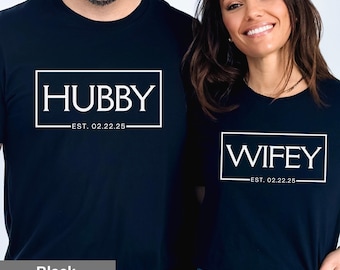Matching Hubby & Wifey Shirts: Personalized Wedding Date Couple Tees