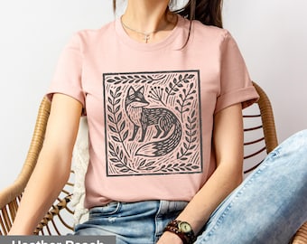 Camiseta Linograbado Fox: Camiseta unisex Woodland Cottagecore