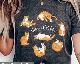 Maglietta arancione "Cat Life", simpatica maglietta per amanti dei gatti, divertente design di gatti per donne, maglietta a tema felino, regalo per mamme di gatti, maglietta con gatto arancione e bianco