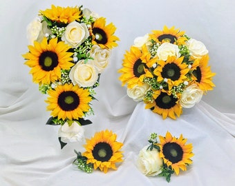 Sunflower Wedding Flowers | Ivory Rose and Sunflower Faux Wedding Flowers | Bridal Bouquet | Buttonhole | Corsage | Flower Wand | Headband