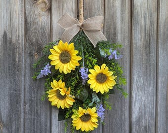 Sunflower & Lavender Swag| Spring Summer Artificial wreath| Faux Floral Door Decor