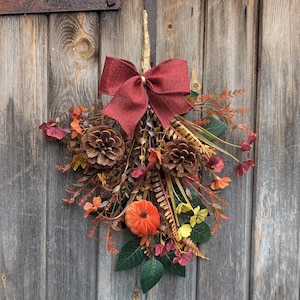 Autumn Door Swag| Fall Pumpkin Door Hanger| Rustic Pinecone Wreath| Burlap Bow | Artificial Autumn Floral Decoration| Harvest Decor Pumpkin Swag