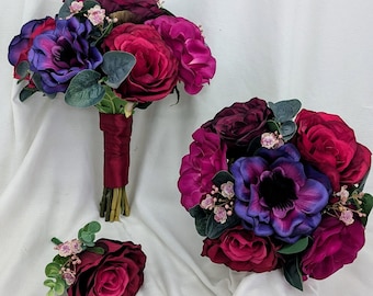 Purple Rose Artificial Wedding Flower set | Anemone |Deep Pink & Purple Wedding Flowers | Bridal Bouquet | Bridesmaid Bouquet | Buttonhole