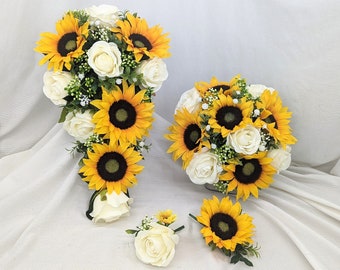 Sunflower Wedding Flowers | Ivory Rose and Sunflower Faux Wedding Flowers | Bridal Bouquet | Buttonhole | Corsage | Flower Wand | Headband