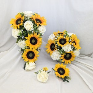 Sunflower Wedding Flowers | Ivory Rose and Sunflower Faux Wedding Flowers | Bridal Bouquet | Buttonhole | Corsage | Flower Wand | Headband