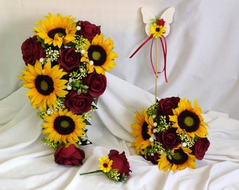 Sunflower Wedding Flowers | Burgundy Rose and Sunflower Faux Wedding Flowers | Bridal Bouquet | Buttonhole | Corsage | Flower Wand