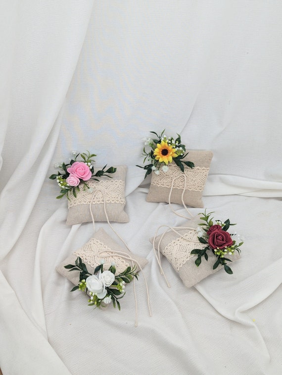 Wedding Ring Pillow | Ring Bearer Cushion | Wedding Ring Holder | Wedding Accessories | linen & Lace | floral | Rose | Sunflower | Gyp