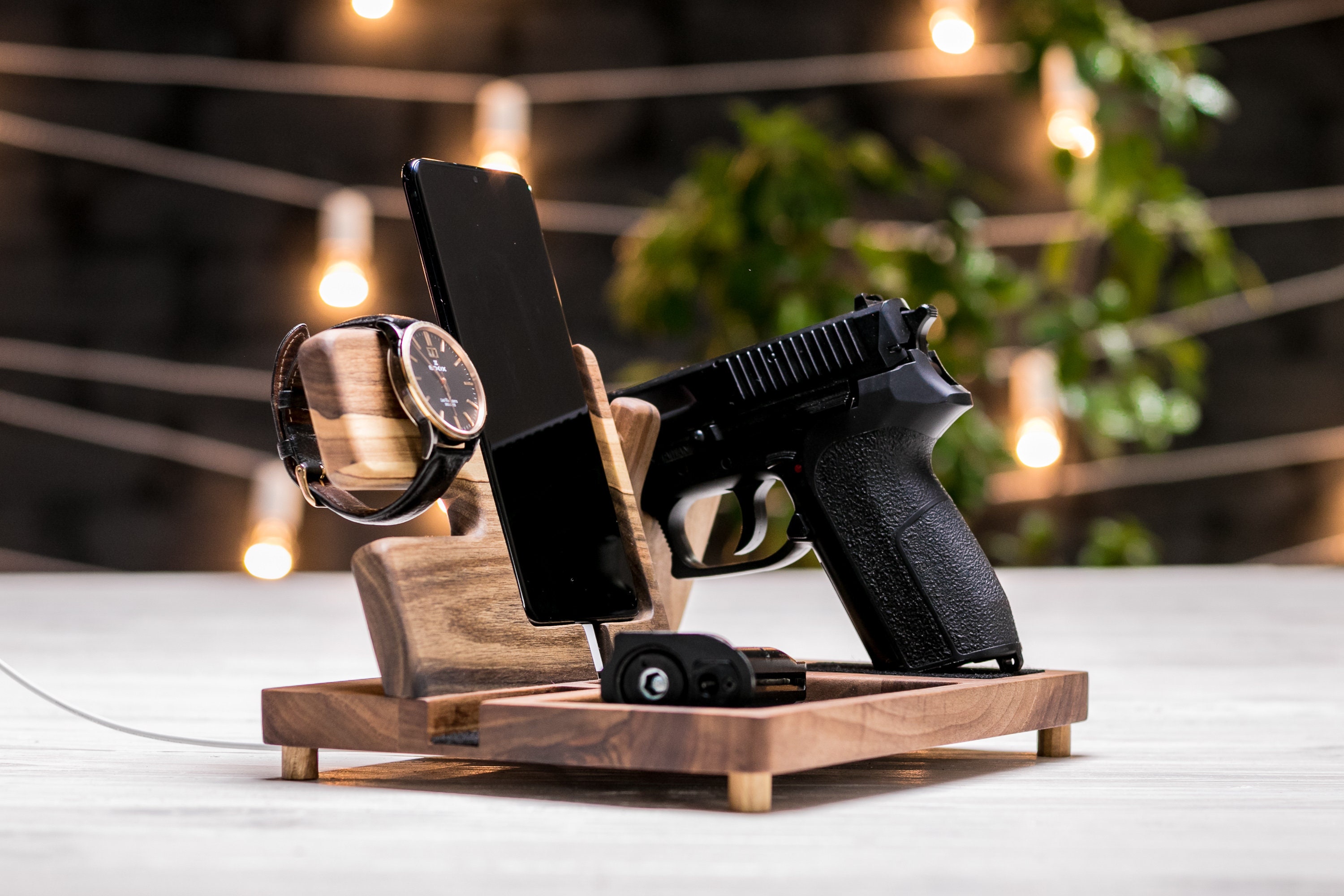 Nightstand Gun Valet Wood Army Fathers Day Gift For Dad EDC Gun Tray