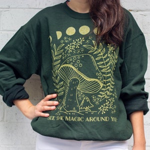 Mystical Magical Mushroom Shirt Goblincore Cottagecore Dark Academia Moon Phase Celestial Witchy Clothing Oversized Crewneck Sweatshirt