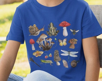 Kids Forest Wildlife Collage Short Sleeve T-Shirt Bee Snail Frog Tee Mushroom Shirt Childrens Clothing Girls And Boys Clothing Gift for Kids