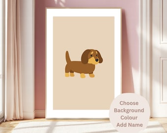 May include: A framed print featuring a cartoon dachshund dog in shades of brown and tan against a beige background. The print includes a circular graphic with the text "Choose Background Colour Add Name".