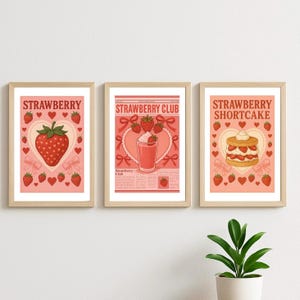 Set de láminas artísticas de fresas: decoración de pared de fresas kawaii, trío de pósteres de cocina coquetos, láminas estéticas de frutas rosas para habitación, tamaño A4