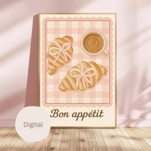 Coquette Bon Appétit Digital Print | Pink Croissant & Coffee Art | Aesthetic Kitchen Wall Art | Breakfast Printable Poster | Digital Downloa