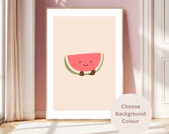 May include: A framed art print featuring a smiling watermelon slice with brown arms and legs. The watermelon is red with a green rind, set against a light peach background. The text "Choose Background Colour" is in a circle.