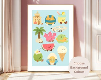 May include: A framed print featuring cartoon illustrations of summer-themed objects on a light blue background. The illustrations include a sandcastle, volleyball, smoothie, palm tree, coral, watermelon, ice cream cone, and more. The print is displayed on a white wall.