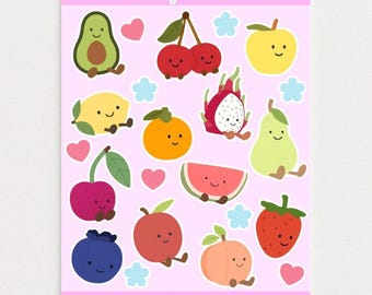 Hoja de pegatinas de Fruity Friends / Pegatinas de comida y frutas inspiradas en Jellycat / Pegatinas para planificador y diario / Suministros para amigos por correspondencia de álbumes de recortes