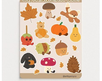 Hoja de pegatinas otoñales inspirada en Jellycat: adorables pegatinas de bosque otoñal / Calabaza, bellota, hongo, conejito y hoja / Planificador y álbum de recortes kawaii