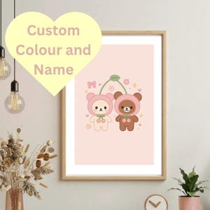 Rilakkuma & Korilakkuma inspirierte Kirschbären A4 Kunstdruck – Kawaii Pastell Wand Dekor – Süßer rosa Kinderzimmer Druck – 200gsm Glanzpapier