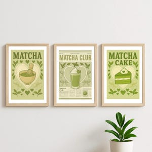 Set de láminas artísticas de matcha: decoración de pared kawaii de matcha, trío de pósteres de té verde para cocina o cafetería, un regalo con un toque pastel, láminas A4