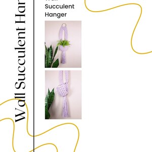 May include: A purple macrame wall hanging with a small plant inside. The hanging is made with a knot pattern and has a tassel at the bottom. The text "Wall Succulent Hanger" is written above the hanging.