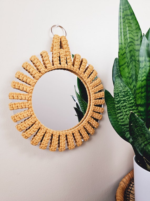 12" Round Macrame Mirror: Mustard Yellow Recycled Cotton Boho Wall Decor