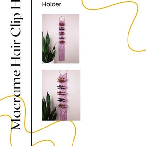 May include: A pink macrame hair clip holder with a wooden dowel and a metal ring at the top. The holder is hanging on a white wall and has several hair clips hanging from it.