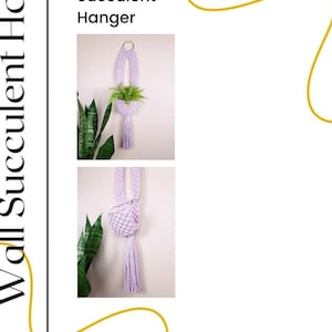 May include: A light purple macrame wall succulent hanger featuring a knotted cord design, a circular metal ring at the top for suspension, and a long tassel at the bottom. The text Wall Succulent Hanger is printed in black above the product images.