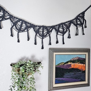 May include: A dark gray macrame wall hanging featuring a series of interconnected knotted loops and dangling fringe tassels, suspended horizontally in a scalloped pattern across the upper portion of the frame.