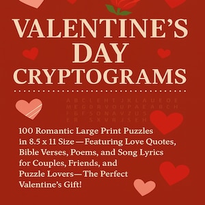 May include: A red Valentine's Day Cryptograms book cover with the title in large white letters. The cover features hearts and a red rose graphic. The book contains 100 romantic puzzles, love quotes, Bible verses, poems, and song lyrics.