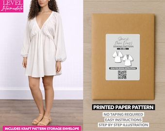 Robe smockée à encolure plongeante et manches lanternes - Patrons en papier (XS-XXXL)
