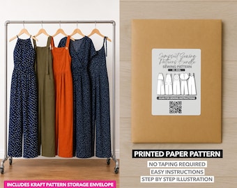 May include: Five jumpsuits in navy blue, olive green, and orange hang on a metal rack. A kraft paper envelope with a label that reads "Jumpsuit Sewing Patterns Bundle" is on the right. The envelope also states "Printed Paper Pattern" and "No Taping Required".