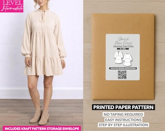 Mini-robe à smocks avec col noué et motif imprimé – Patron en papier (XS-XXXL)