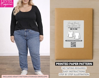 May include: A woman wearing a black scoop neck long sleeve top and blue jeans. A printed paper pattern for a scoop neck long sleeve top is displayed in a kraft paper envelope. The pattern includes easy instructions and step-by-step illustrations.